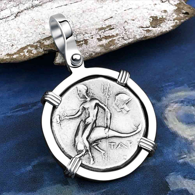 Ancient Greek Dolphin Rider “Boy on the Dolphin” Silver Nomos 14K White Gold Pendant