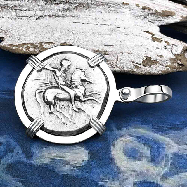 Ancient Greek Dolphin Rider “Boy on the Dolphin” Silver Nomos 14K White Gold Pendant