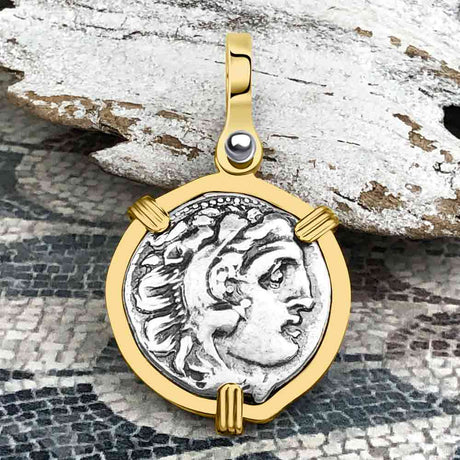 Ancient Greek Alexander the Great Silver Drachm Coin 14K Gold Pendant
