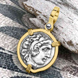 Ancient Greek Alexander the Great Silver Drachm Coin 14K Gold Pendant