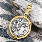 Ancient Greek Alexander the Great Silver Drachm Coin 14K Gold Pendant