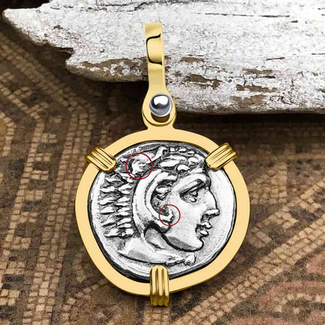 Ancient Greek Alexander the Great Silver Drachm Coin 14K Gold Pendant