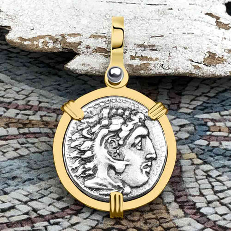Ancient Greek Alexander the Great Silver Drachm Coin 14K Gold Pendant