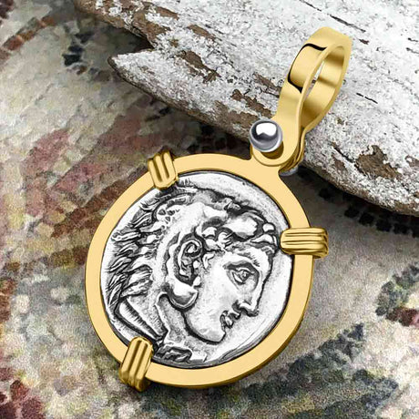 Ancient Greek Alexander the Great Silver Drachm Coin 14K Gold Pendant
