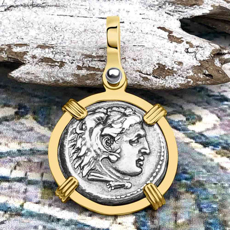 Ancient Greek Alexander the Great Silver Drachm Coin 14K Gold Pendant