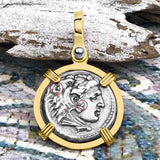 Ancient Greek Alexander the Great Silver Drachm Coin 14K Gold Pendant