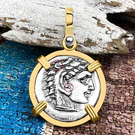 Ancient Greek Alexander the Great Silver Drachm Coin 14K Gold Pendant