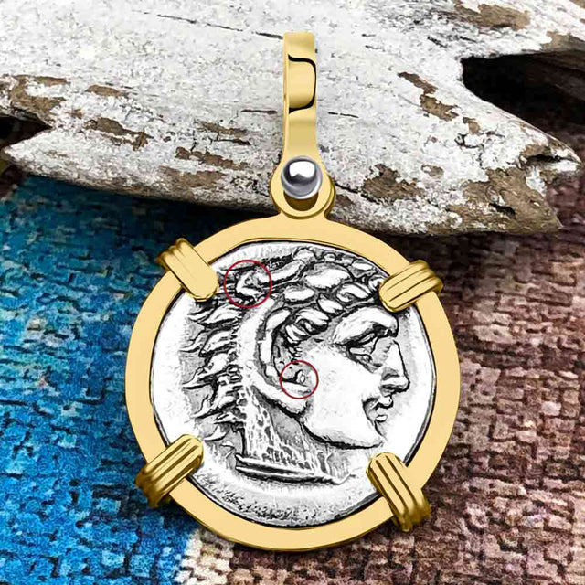 Ancient Greek Alexander the Great Silver Drachm Coin 14K Gold Pendant
