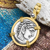 Ancient Greek Alexander the Great Silver Drachm Coin 14K Gold Pendant