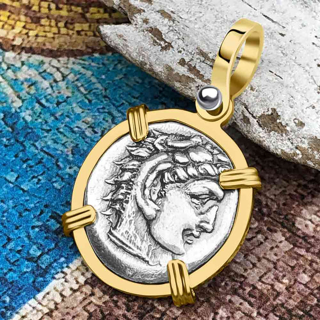 Ancient Greek Alexander the Great Silver Drachm Coin 14K Gold Pendant