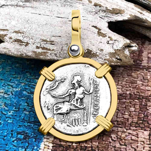 Ancient Greek Alexander the Great Silver Drachm Coin 14K Gold Pendant