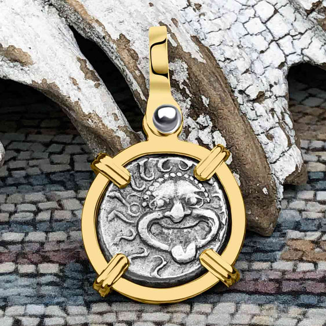 Ancient Greek Gorgon & Anchor Symbols of Protection & Hope Silver Drachm 400 BC 14K Gold Pendant