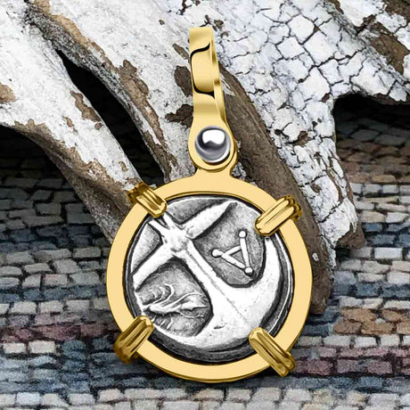 Ancient Greek Gorgon & Anchor Symbols of Protection & Hope Silver Drachm 400 BC 14K Gold Pendant