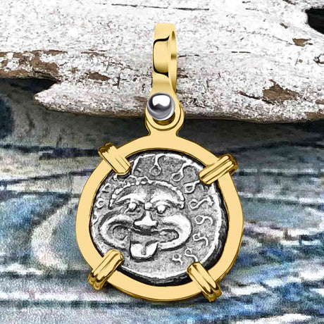 Ancient Greek Gorgon & Anchor Symbols of Protection & Hope Silver Drachm 400 BC 14K Gold Pendant
