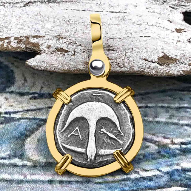 Ancient Greek Gorgon & Anchor Symbols of Protection & Hope Silver Drachm 400 BC 14K Gold Pendant