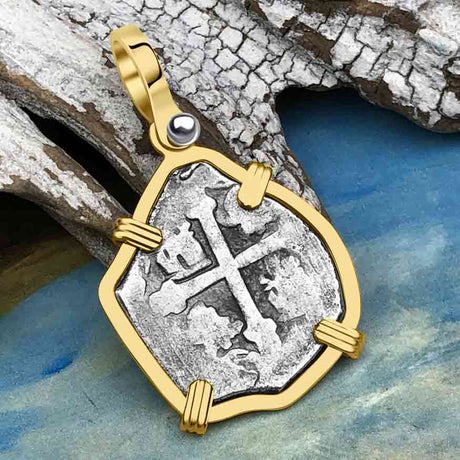 RARE DATED 1715 Fleet Shipwreck Pirate Era Spanish 1 Reale "Piece of 8" 14K Gold Pendant