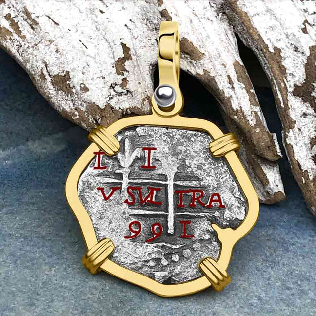 Rare Dated 1715 Fleet Shipwreck Spanish 1 Reale "Piece of 8" 14K Gold Pendant 