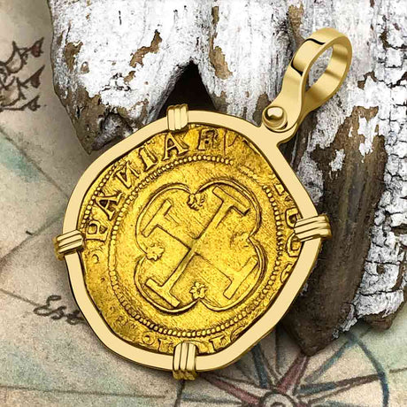 EXTREMELY RARE Kempen Hoard circa 1550 22K Gold One Escudo - the Legendary Doubloon - 18K Gold Pendant