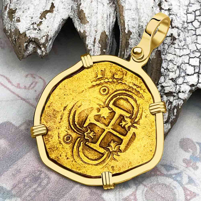 EXTREMELY RARE Kempen Hoard circa 1591 22K Gold Two Escudo - the Legendary Doubloon - 18K Gold Pendant