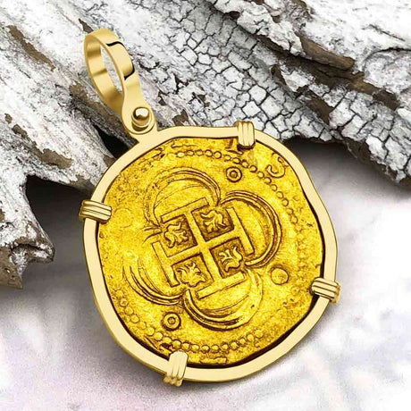 EXTREMELY RARE Kempen Hoard circa 1575 22K Gold Four Escudo - the Legendary Doubloon - 18K Gold Pendant