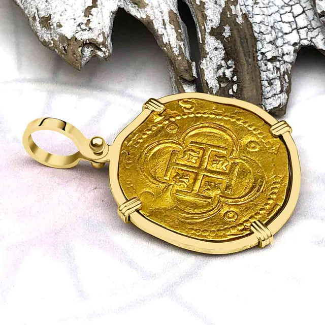 EXTREMELY RARE Kempen Hoard circa 1575 22K Gold Four Escudo - the Legendary Doubloon - 18K Gold Pendant