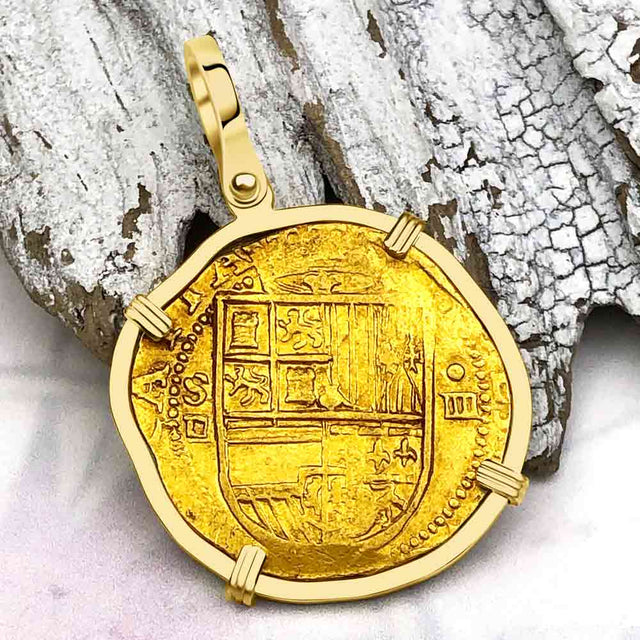 EXTREMELY RARE Kempen Hoard circa 1575 22K Gold Four Escudo - the Legendary Doubloon - 18K Gold Pendant