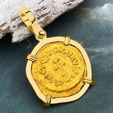 Byzantine Empire Gold Victory Cross Tremissis Coin Circa 582 AD in 18K Gold Pendant