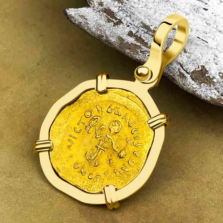 Byzantine Empire 24K Gold VICTORY Tremissis Coin Circa 527 AD in 18K Gold Pendant