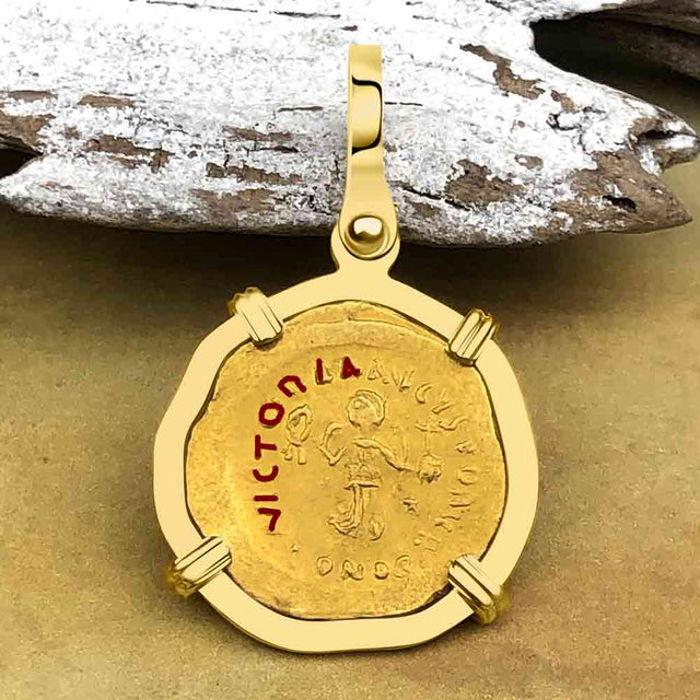 Byzantine Empire 24K Gold VICTORY Tremissis Coin Circa 527 AD in 18K Gold Pendant