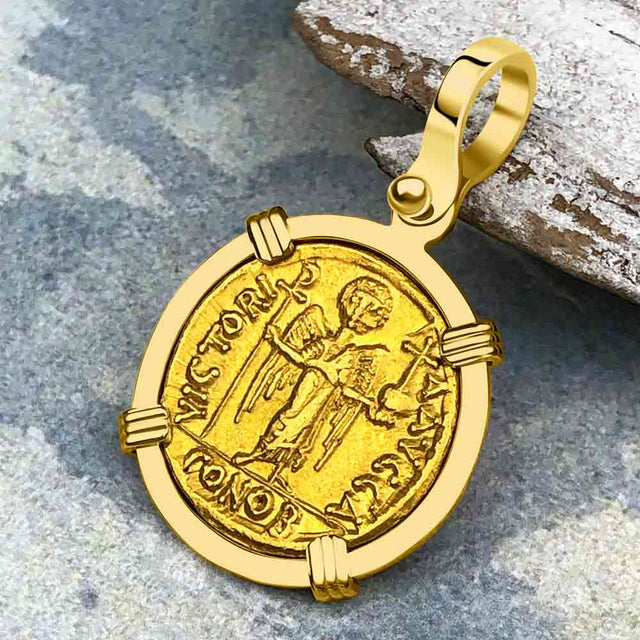 Byzantine Empire 24K Gold VICTORY Angel Solidus Coin Circa 582 AD in 18K Gold Pendant