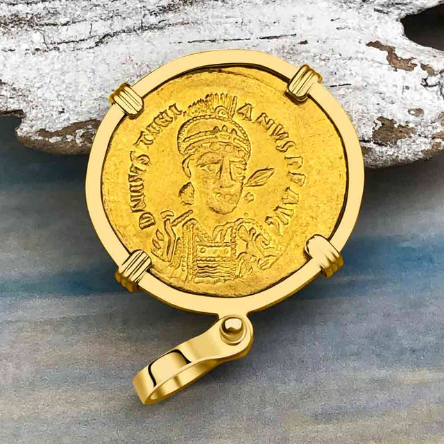 Byzantine Empire 24K Gold VICTORY Angel Solidus Coin Circa 527 AD in 18K Gold Pendant