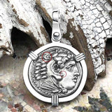 Ancient Greek Alexander the Great Silver Drachm Coin 14K White Gold Pendant
