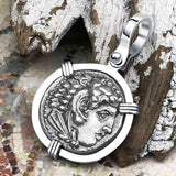 Ancient Greek Alexander the Great Silver Drachm Coin 14K White Gold Pendant