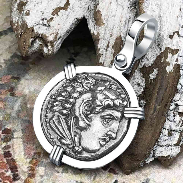 Ancient Greek Alexander the Great Silver Drachm Coin 14K White Gold Pendant