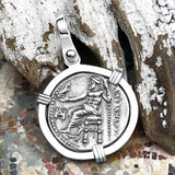 Ancient Greek Alexander the Great Silver Drachm Coin 14K White Gold Pendant