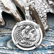 Ancient Greek Alexander the Great Silver Drachm Coin 14K White Gold Pendant