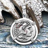 Ancient Greek Alexander the Great Silver Drachm Coin 14K White Gold Pendant