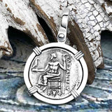 Ancient Greek Alexander the Great Silver Drachm Coin 14K White Gold Pendant