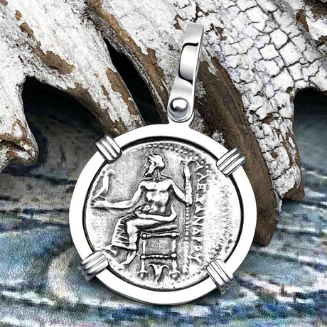 Ancient Greek Alexander the Great Silver Drachm Coin 14K White Gold Pendant