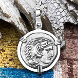 Ancient Greek Alexander the Great Silver Drachm Coin 14K White Gold Pendant
