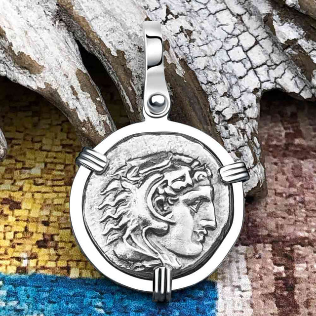 Ancient Greek Alexander the Great Silver Drachm Coin 14K White Gold Pendant