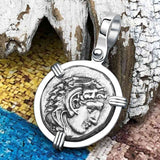 Ancient Greek Alexander the Great Silver Drachm Coin 14K White Gold Pendant