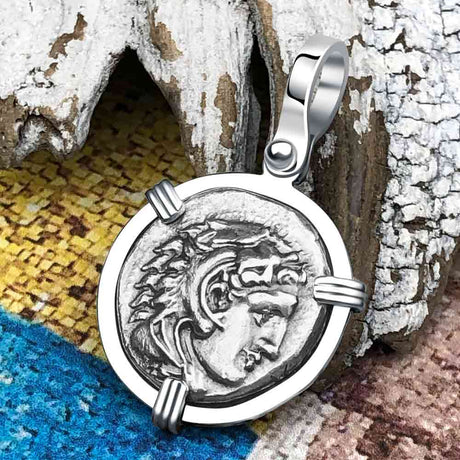 Ancient Greek Alexander the Great Silver Drachm Coin 14K White Gold Pendant