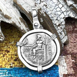 Ancient Greek Alexander the Great Silver Drachm Coin 14K White Gold Pendant