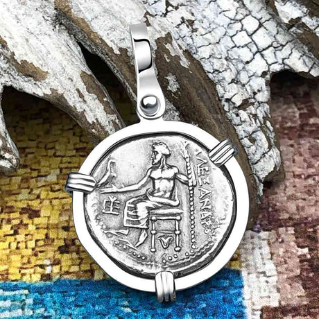 Ancient Greek Alexander the Great Silver Drachm Coin 14K White Gold Pendant