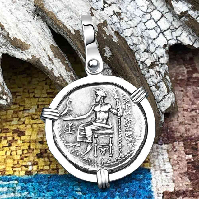Ancient Greek Alexander the Great Silver Drachm Coin 14K White Gold Pendant