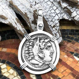 Ancient Greek Alexander the Great Silver Drachm Coin 14K White Gold Pendant