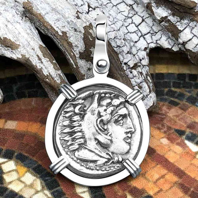 Ancient Greek Alexander the Great Silver Drachm Coin 14K White Gold Pendant