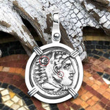 Ancient Greek Alexander the Great Silver Drachm Coin 14K White Gold Pendant