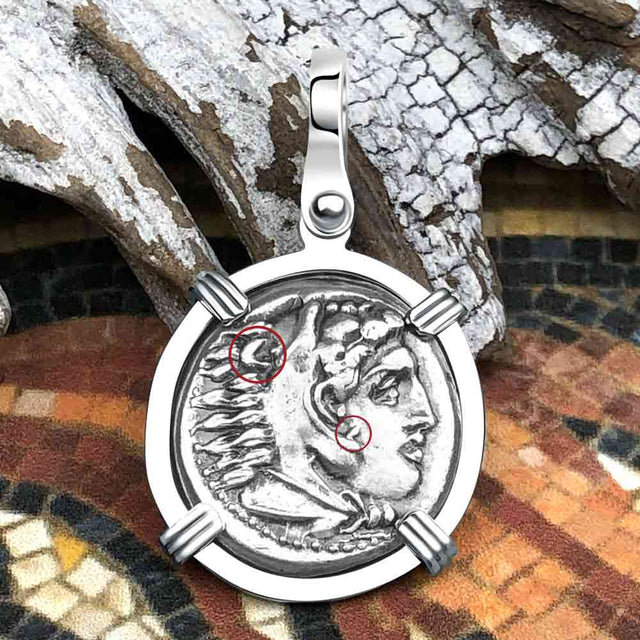 Ancient Greek Alexander the Great Silver Drachm Coin 14K White Gold Pendant